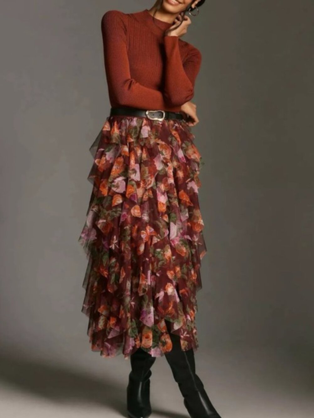 By Anthropologie The Chéri Ruffled Tulle Midi Skirt | Burgundy | M